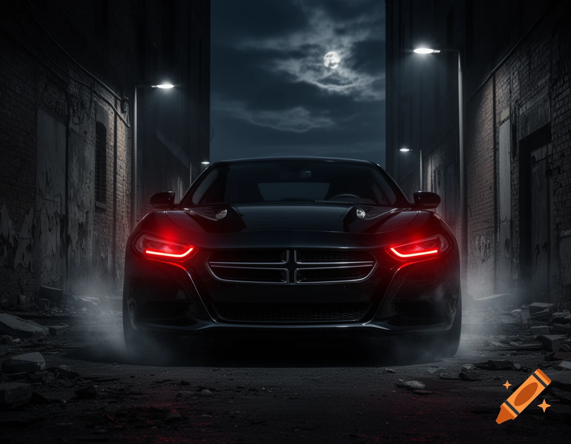 A black car with glowing red headlights sits in a dark, smoky alleyway ...