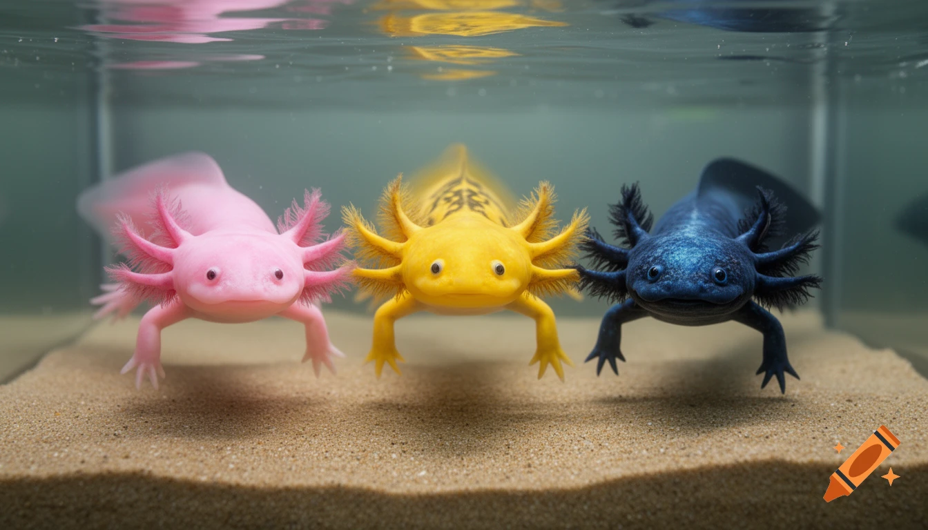 Three colorful axolotls, pink, yellow, and blue, stand on sandy substrate in an aquarium.