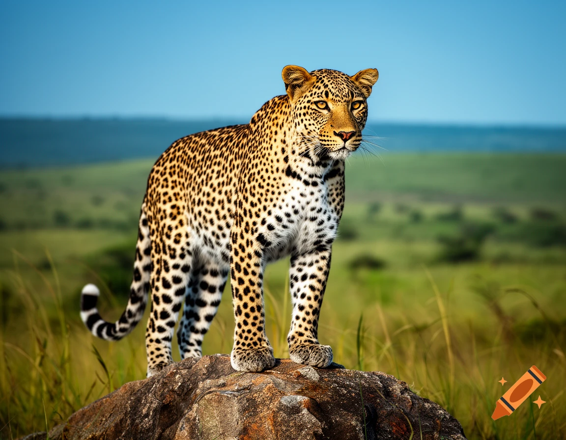 A photorealistic leopard stands atop a large rock in a grassy savanna under a clear blue sky.