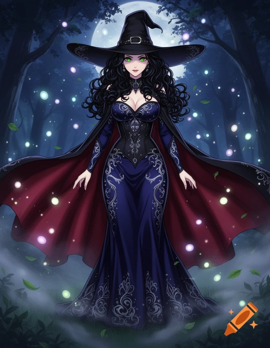 Anime-style witch with green eyes in a dark blue and black dress with a red-lined cape, standing in a magical forest at night under a full moon.