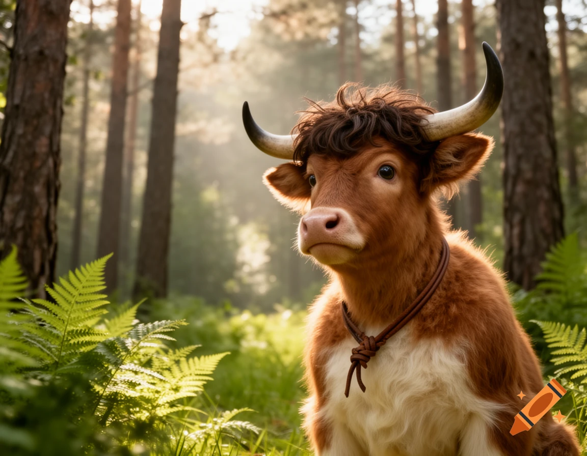 A fluffy brown and white creature resembling a young minotaur, with horns and a rope necklace, sits in a sunlit forest.