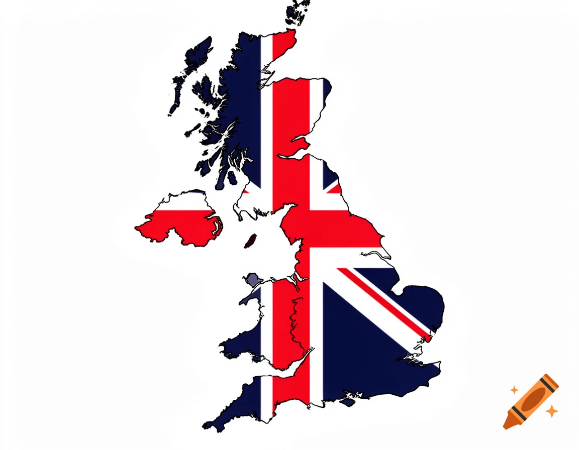 Outline map of the United Kingdom filled with the Union Jack flag pattern.