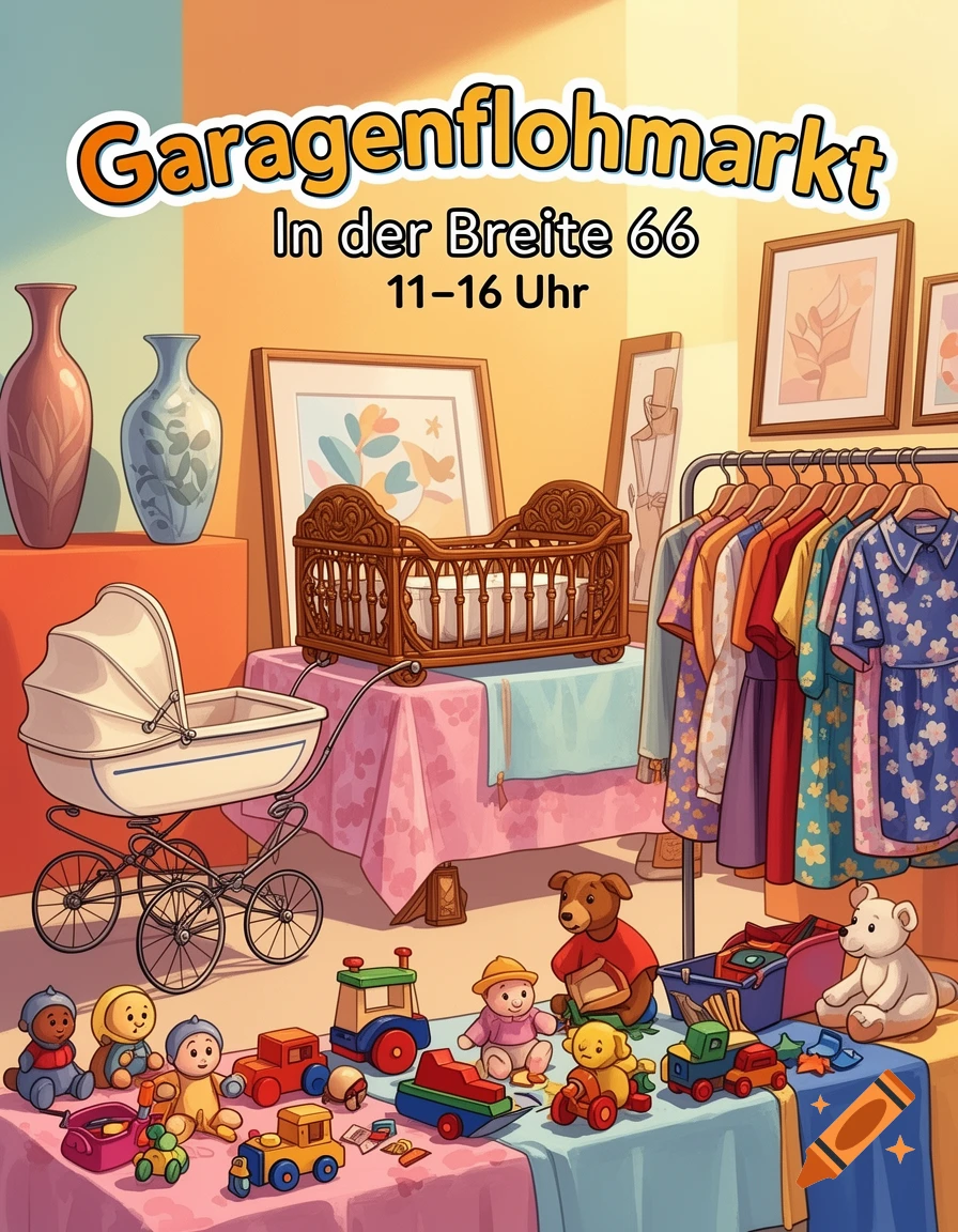 Colorful cartoon illustration of a garage sale with items like a baby carriage, cradle, toys, clothes, and vases. Text: 'Garagenflohmarkt In der Breite 66 11-16 Uhr'.