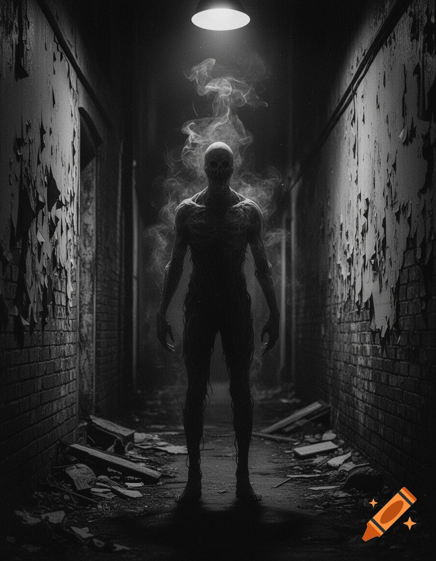 A terrifying, shadowy, vaguely human figure shrouded in smoke stands in a dark, decaying hallway, lit by a single overhead bulb.