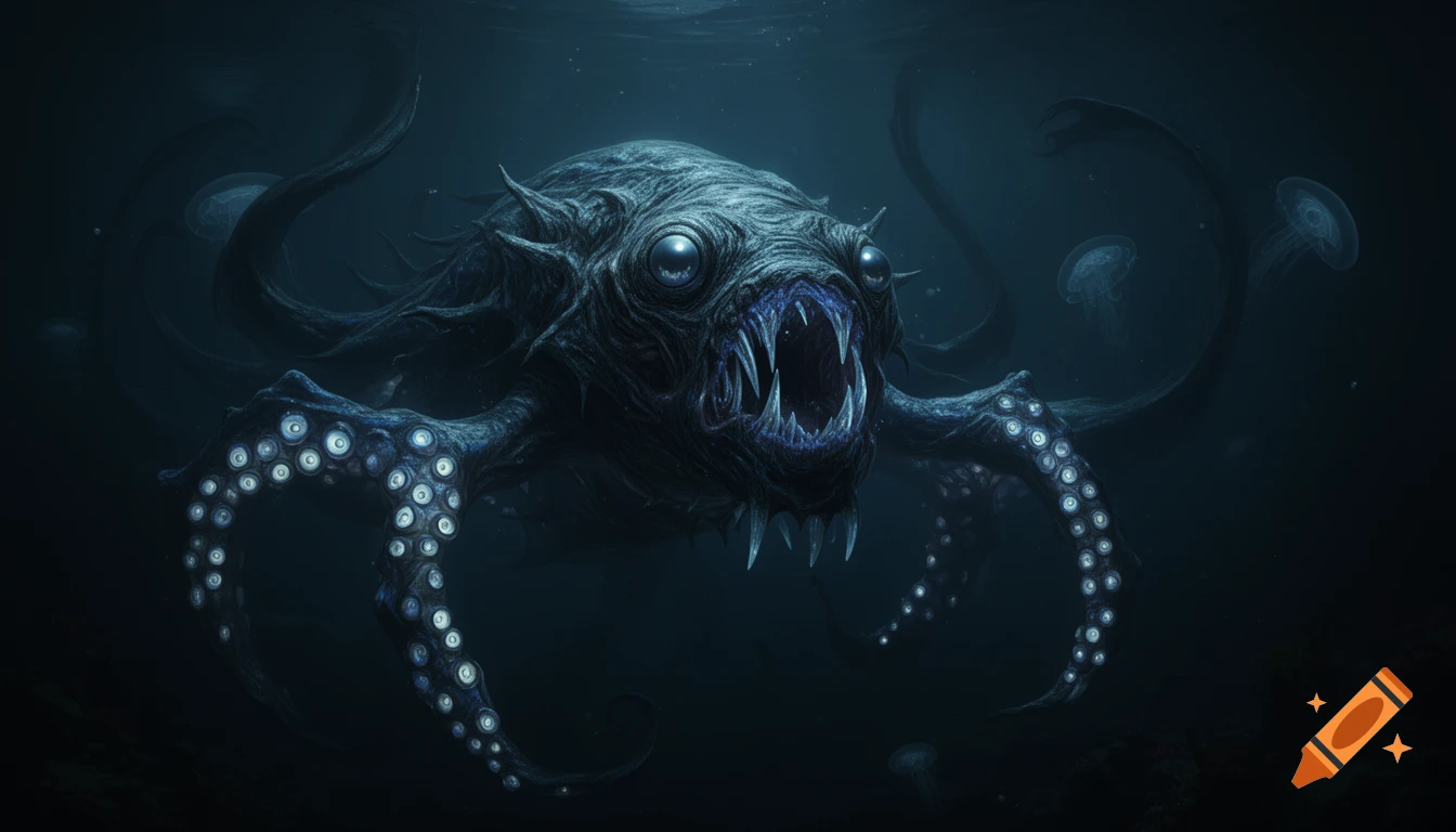 A horrifying, spiky deep-sea monster with large eyes and sharp teeth swims in dark water with jellyfish.