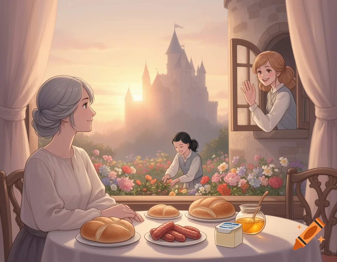 An illustration of a woman at a table with breakfast, looking out at a garden with a castle, and two other women.