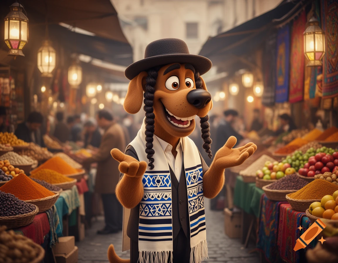 A cartoon dog wearing a black hat, a white shirt, a blue and white patterned tallit, and peyos stands in a bustling, colorful marketplace with baskets of spices and fruit.