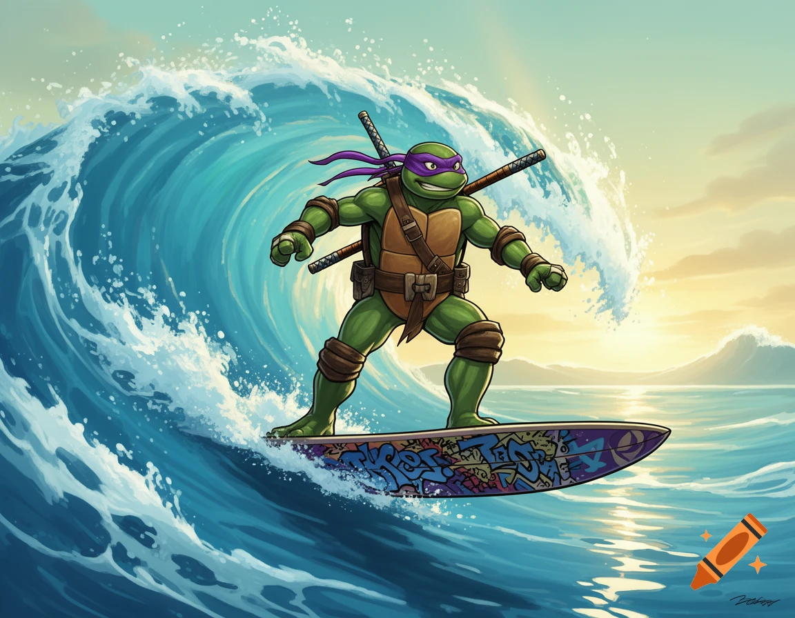 Donatello from Teenage Mutant Ninja Turtles surfs a large ocean wave during sunset, in a vibrant cartoon style.