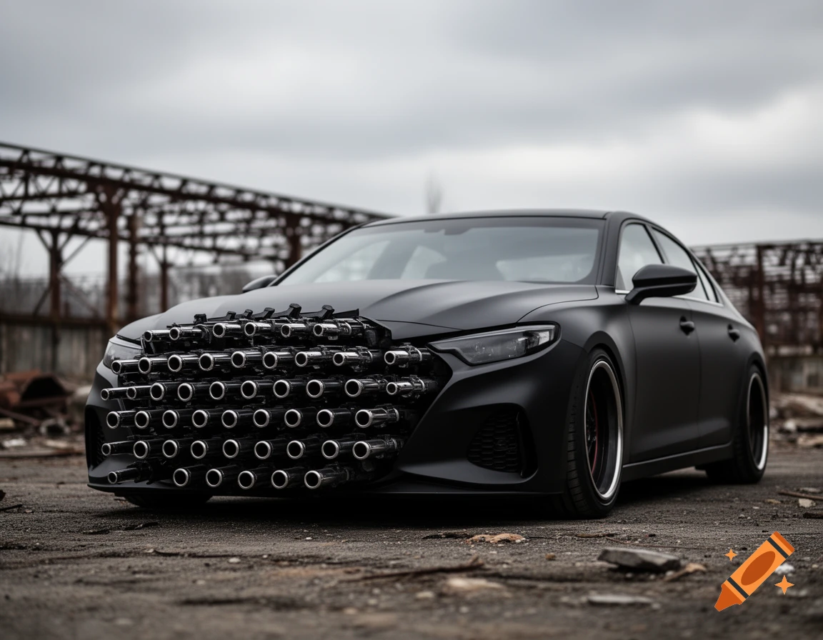 Photorealistic matte black car with numerous silver gun barrels on its front grille, parked in a desolate industrial area under a cloudy sky.
