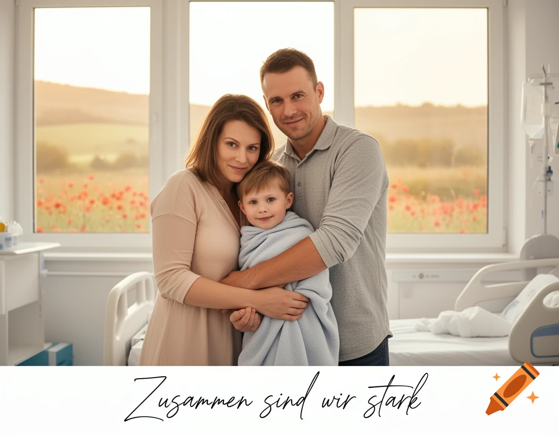 A family, a man, woman, and child, embrace in a hospital room with a scenic window view. Text says 'Together we are strong'.