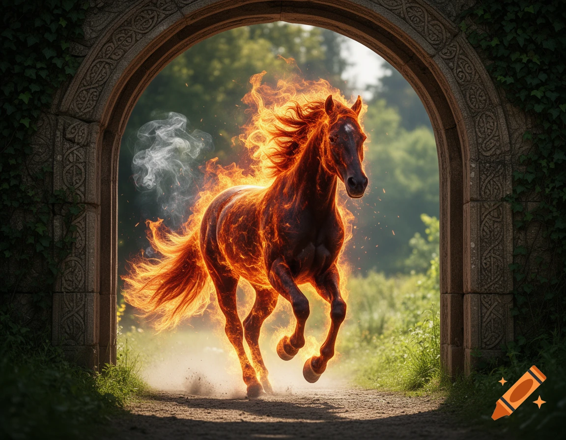 A majestic fiery horse gallops through a stone archway, kicking up dust on a path leading into a lush, sunlit landscape.