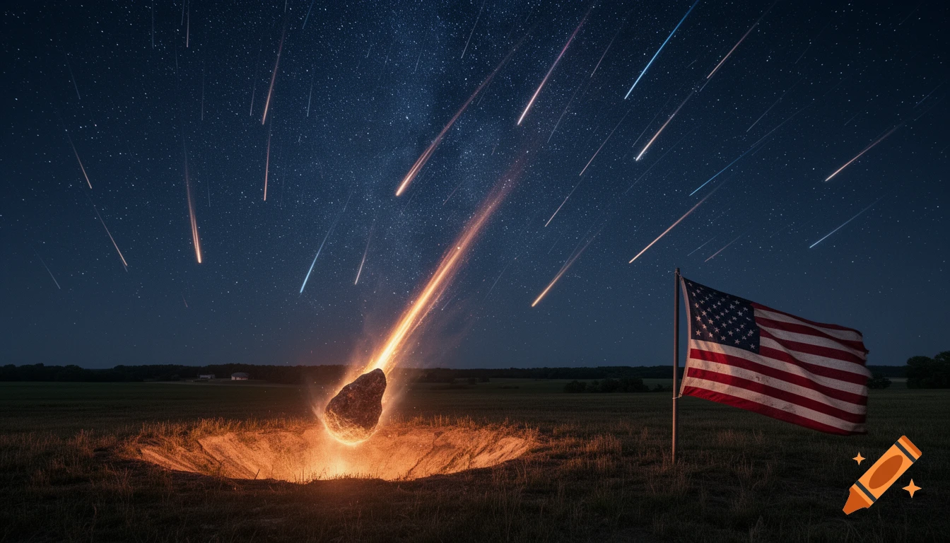 A meteor shower illuminates a dark night sky above a field where a large meteor impacts the ground, glowing brightly next to an American flag.