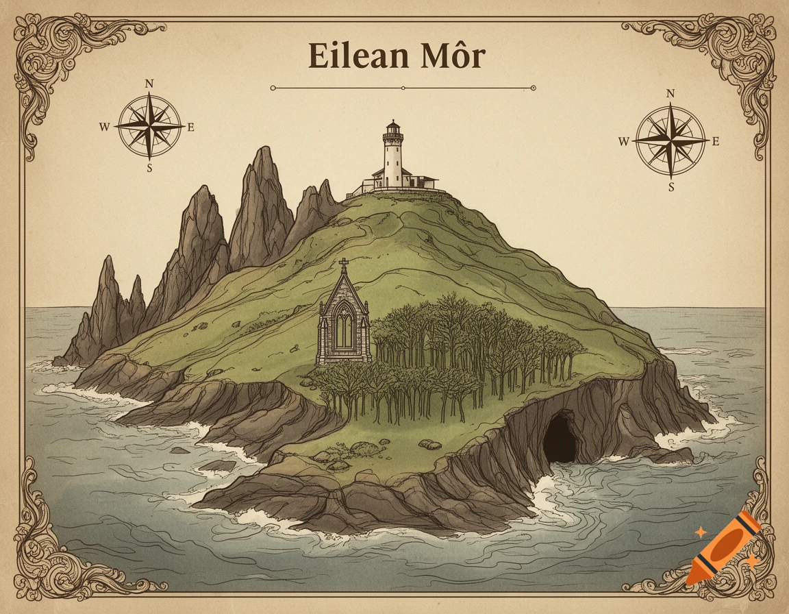 A vintage-style illustrated map of Eilean Môr island, featuring a lighthouse, chapel, cave, and rugged coastline, with compass roses.