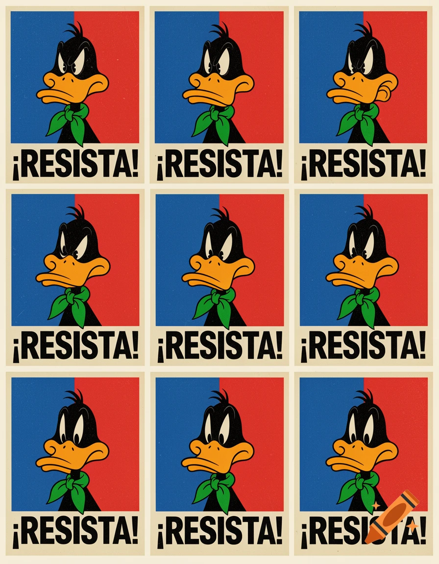 A 3x3 grid of retro-style political posters, each featuring an angry Daffy Duck wearing a green neckerchief against a split blue and red background, with "¡RESISTA!" below.