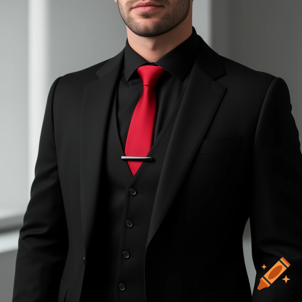 Close-up of a man wearing a black suit, black shirt, red tie, and a black tie bar in a photorealistic style.