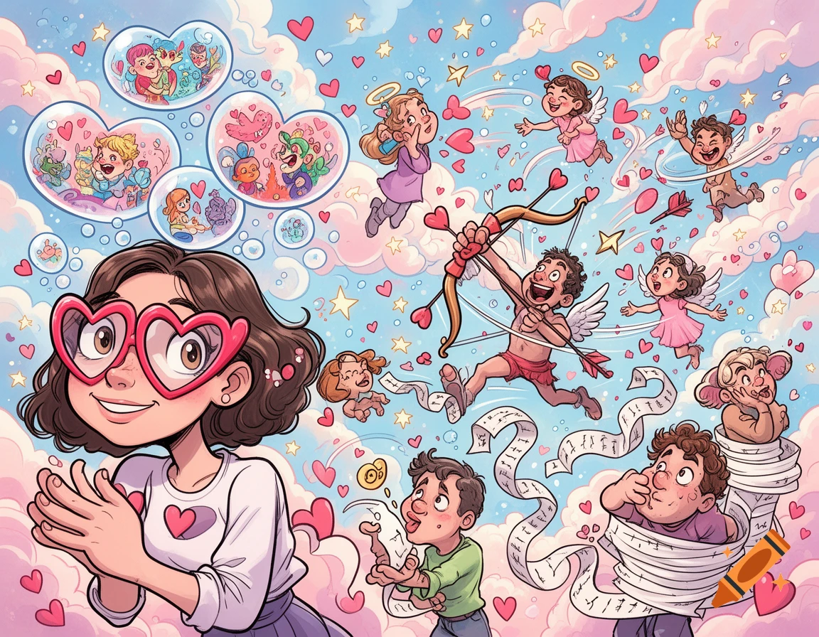 A whimsical cartoon shows a woman in heart glasses smiling amidst flying cherubs, hearts, and stars, with two boys below tangled in scrolls.