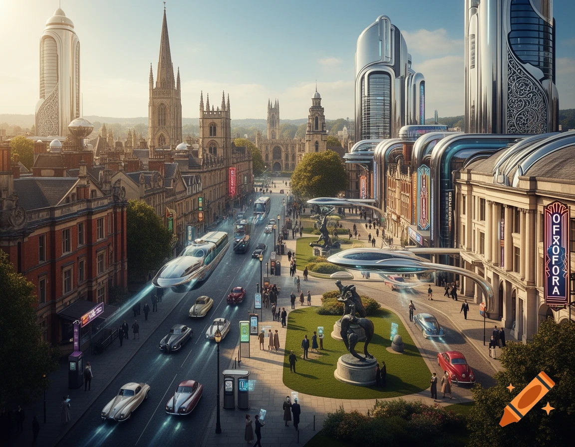 Retrofuturistic Oxford cityscape with classic and sci-fi architecture, flying cars, and people on bustling streets.