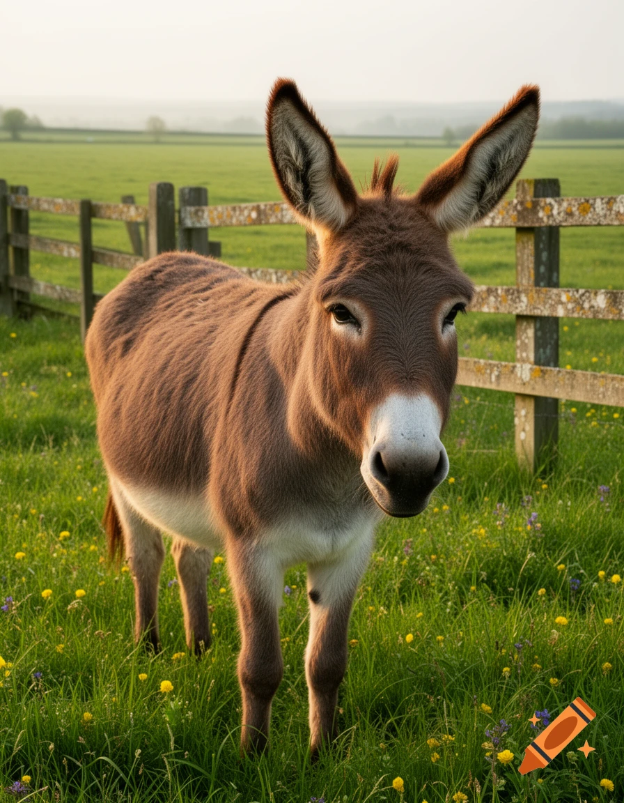 A brown and white donkey stands in a lush green field with yellow wildflowers and a wooden fence in the background.