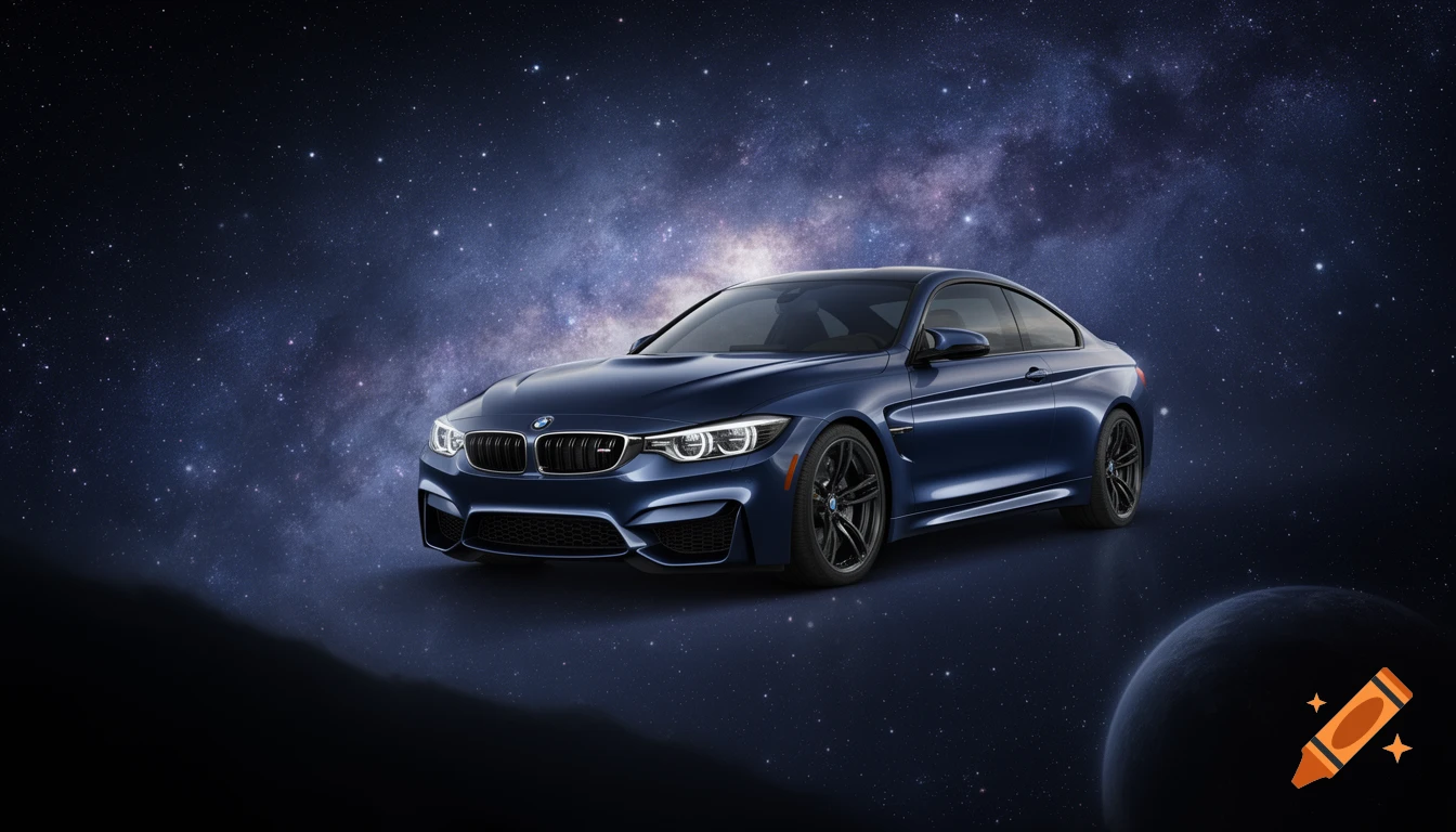 A metallic blue BMW M4 coupe parked on an unseen surface in deep space, with a galaxy and stars in the background and a planet visible on the right.