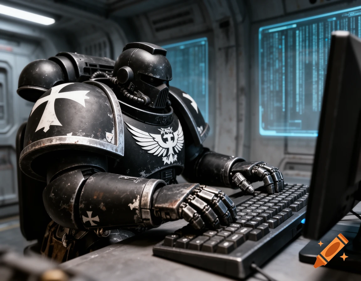 A Black Templar Space Marine in black power armor with white crosses types on a computer keyboard in a dimly lit, futuristic room with glowing blue screens showing data.