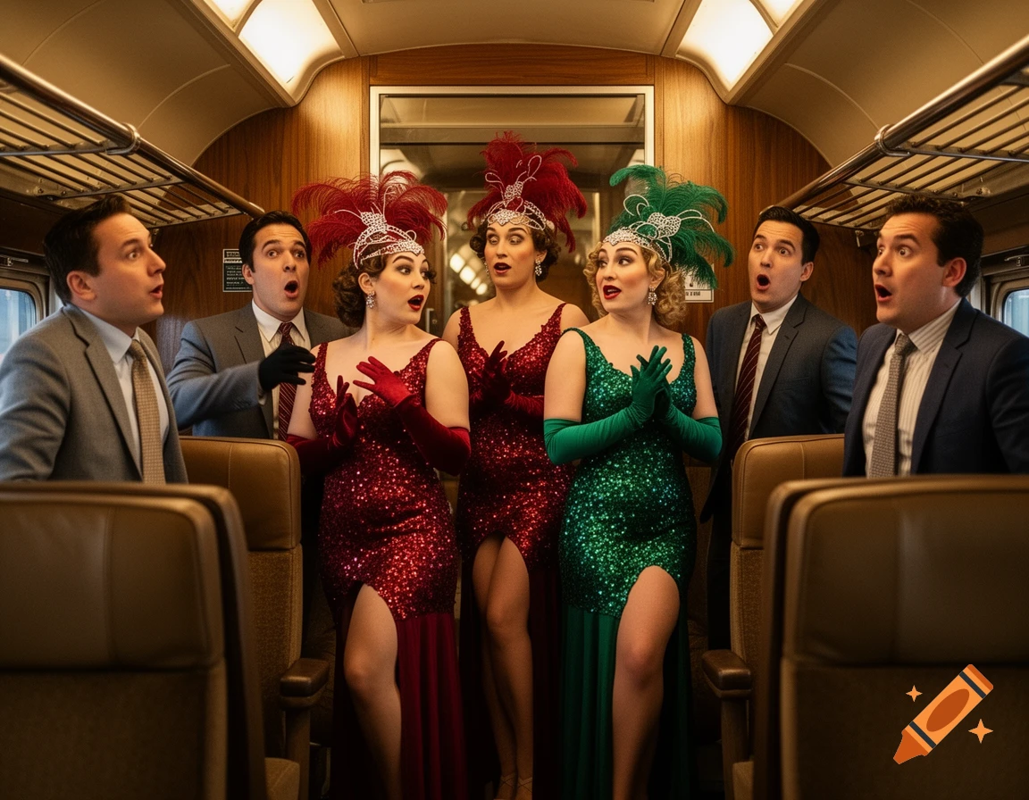 Three women in sequined cabaret dresses perform on a train as several men watch in surprise.