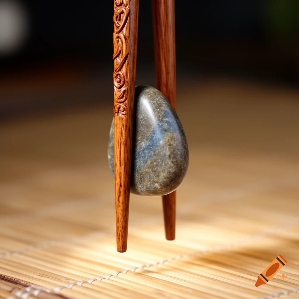 A close-up, photorealistic image of decorative wooden chopsticks holding a smooth, speckled grey and blue stone above a bamboo mat.