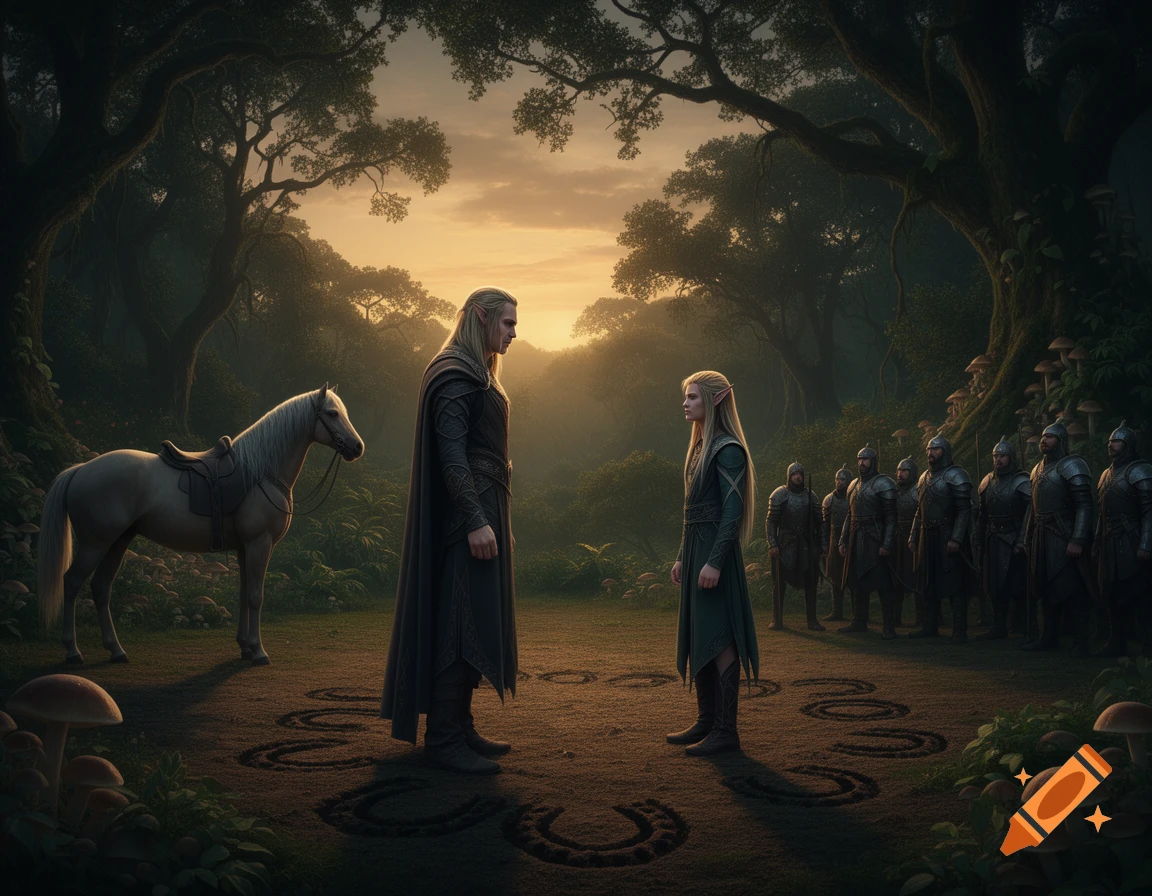 Two elves face each other in an enchanted forest at sunrise, with a horse and soldiers in the background.