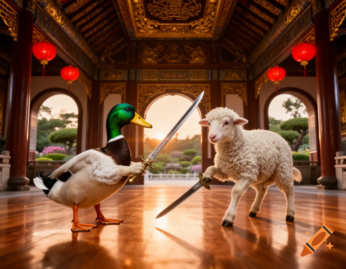 A duck and a lamb fight with swords in a grand Chinese palace, bathed in golden sunset light.