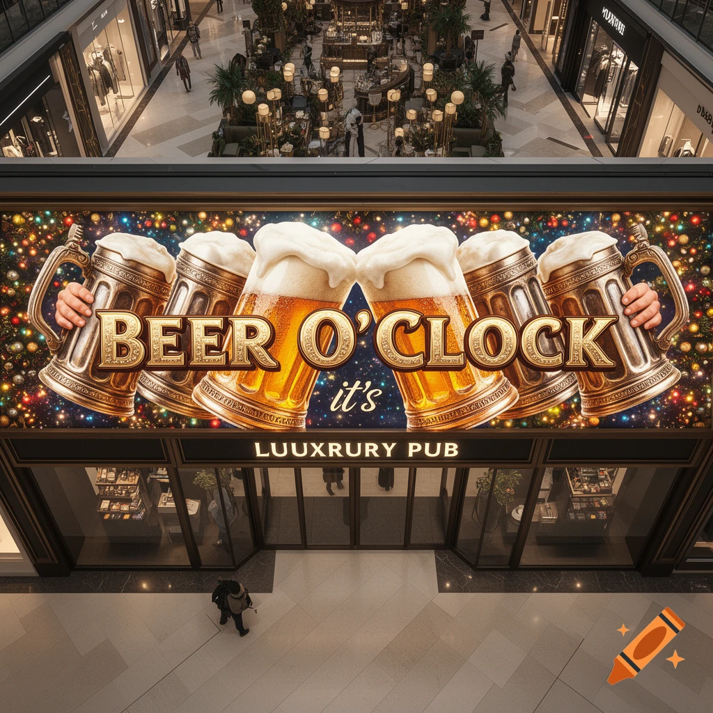Top-down view of a luxury shopping mall with a pub sign that reads "it's BEER O'CLOCK" and features clinking beer steins.