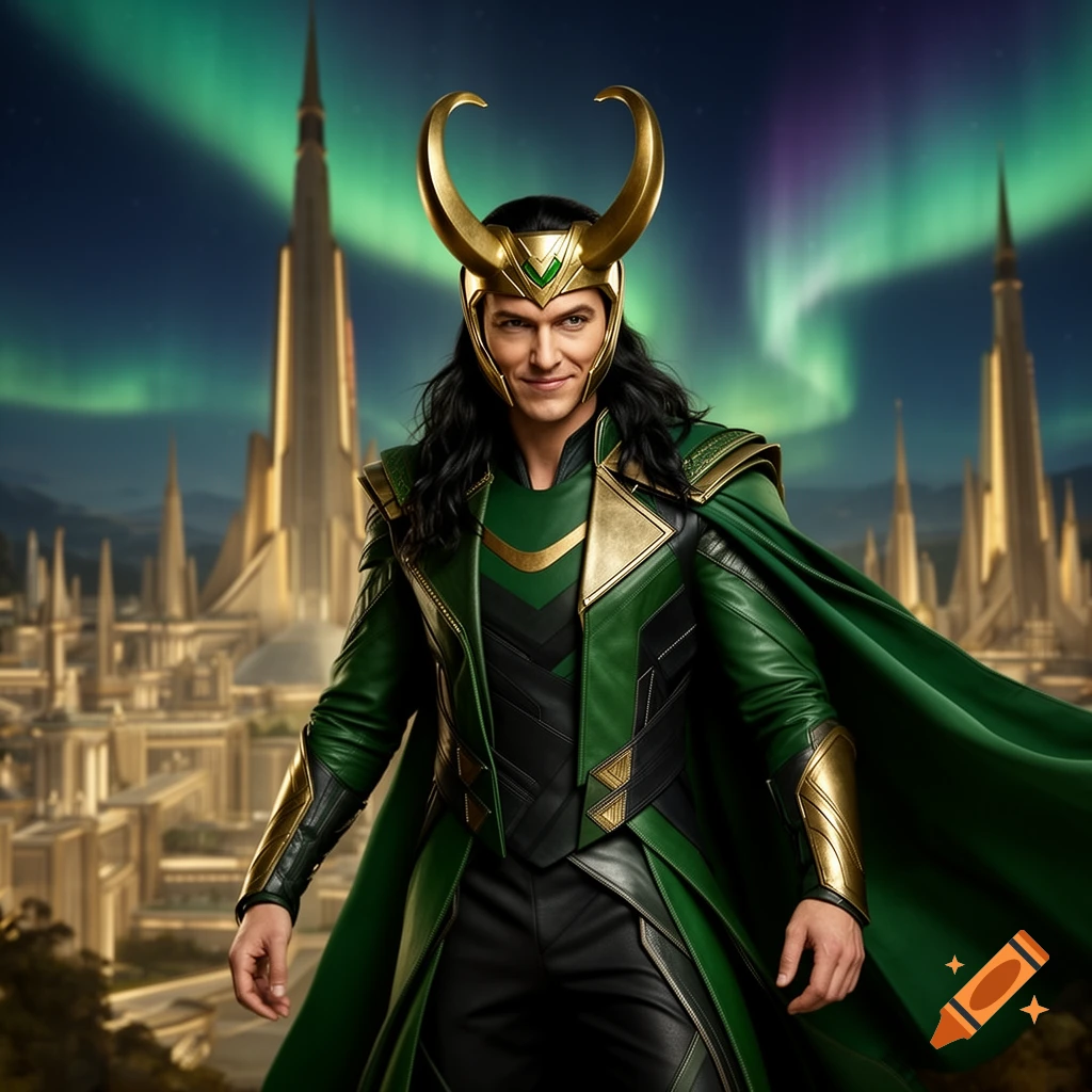 Photorealistic portrait of Loki in green and gold costume and horned helmet, smirking in front of a futuristic city with aurora borealis.