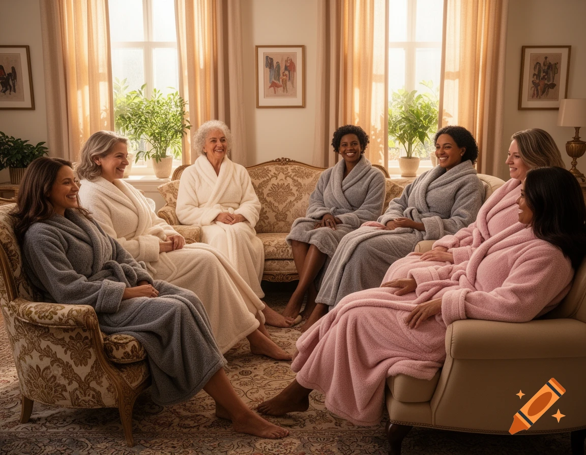 A group of diverse women in bathrobes are smiling and chatting in a sunlit living room.