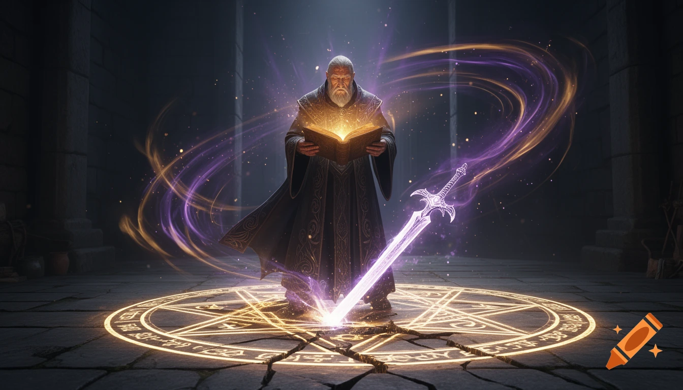 A wizard in dark robes reads a glowing magic book, summoning a purple glowing sword into a cracked, golden magic circle on a stone floor, surrounded by swirling energy.