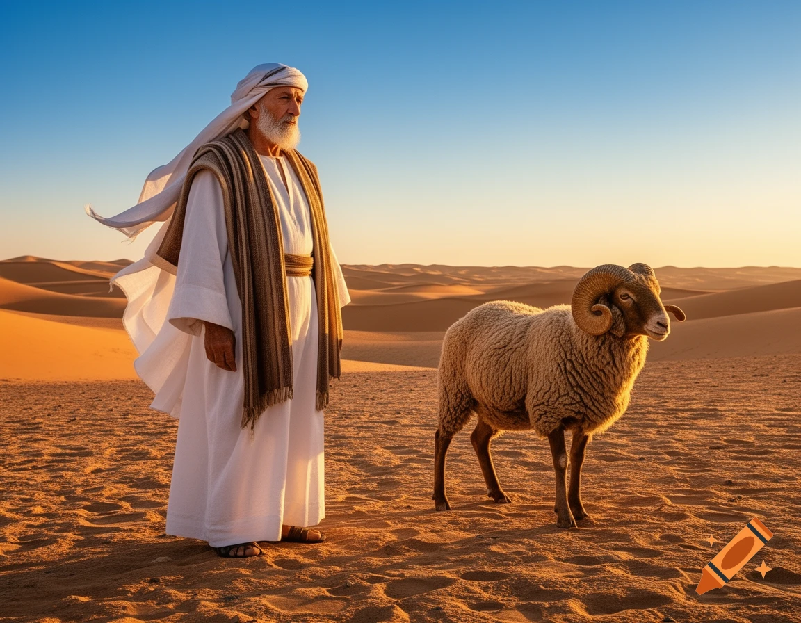 An elderly man in white robes and a striped scarf stands beside a ram in a vast desert landscape at sunset.