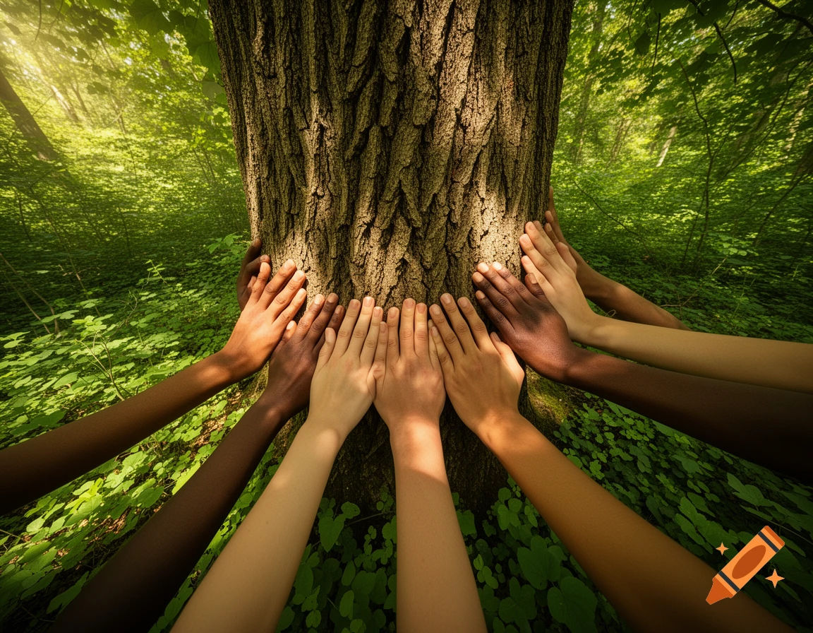 Diverse hands with varying skin tones gently touching the bark of a large tree trunk in a sunlit forest.