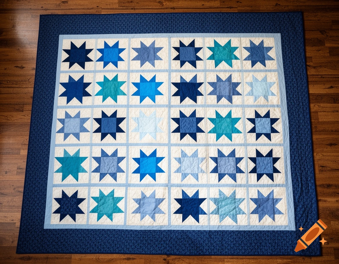 A handmade blue and white sawtooth star quilt with varying shades of blue, laid flat on a wooden floor.