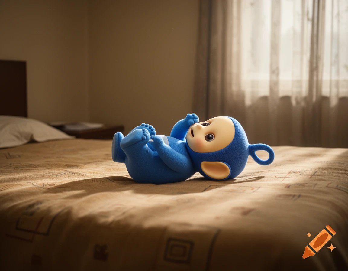 A photorealistic bright-blue Teletubby-like character lies on its back on a hotel bed, playing with its feet.