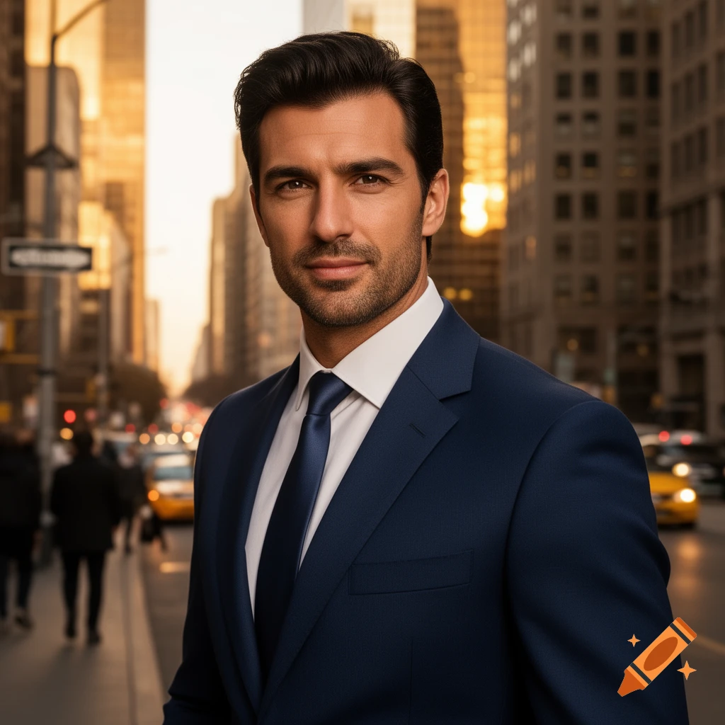 A man in a navy suit and tie stands on a city street at sunset, looking directly at the viewer.