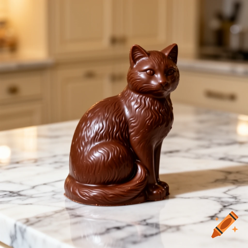 A detailed dark chocolate cat sculpture sits on a white marble kitchen countertop with cabinets in the background.