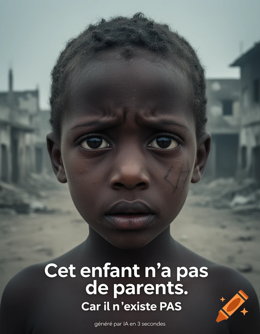 Photorealistic portrait of a serious child in a desolate setting. Text: 'This child has no parents. Because he does NOT exist. Generated by AI in 3 seconds.'