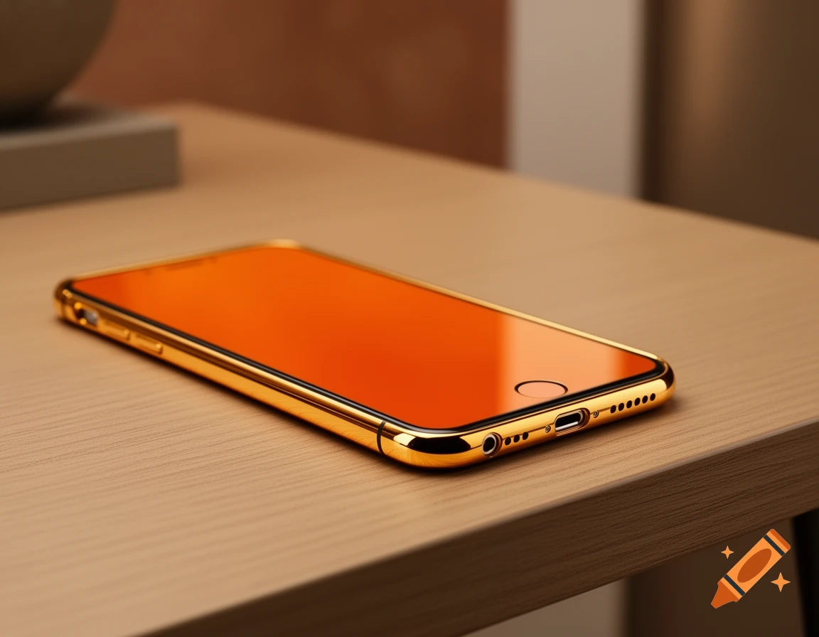 A gold-plated smartphone with an orange screen lies on a wooden table.