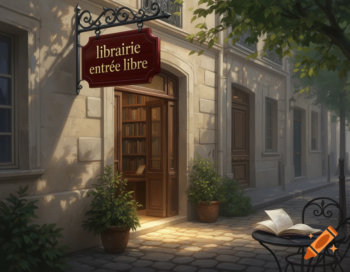 A painted scene of a charming European bookstore on a cobblestone street, with a sign reading "librairie entr e libre" and an open book on a cafe table.