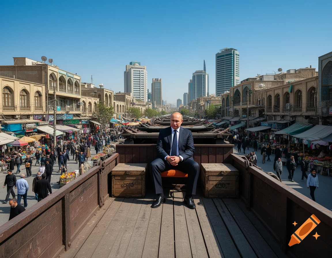 Photorealistic image of Vladimir Putin sitting in an open cargo truck bed, moving through a bustling outdoor market street under a clear blue sky.