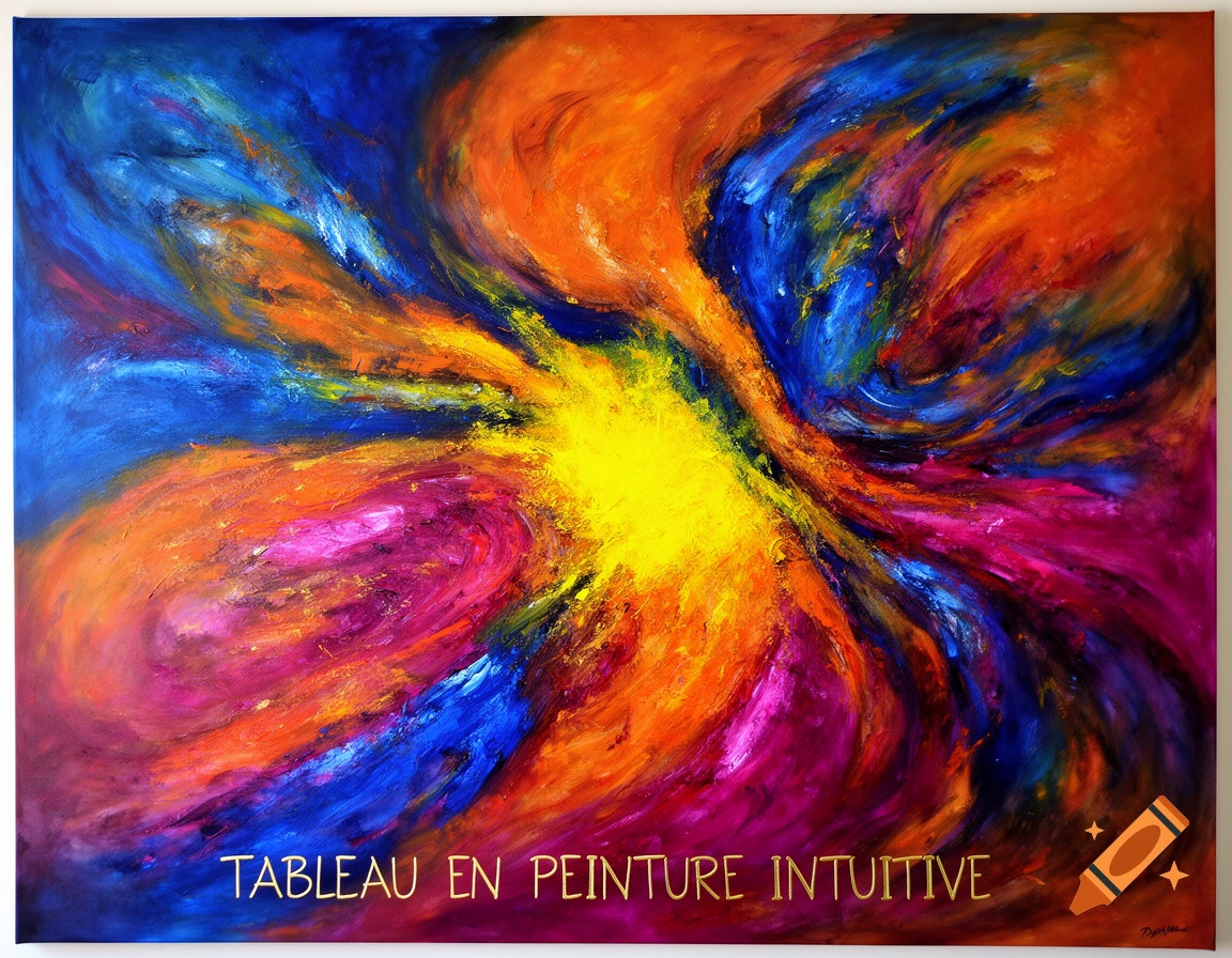 Vibrant abstract painting with swirling blue, orange, red, and magenta brushstrokes around a central yellow burst.