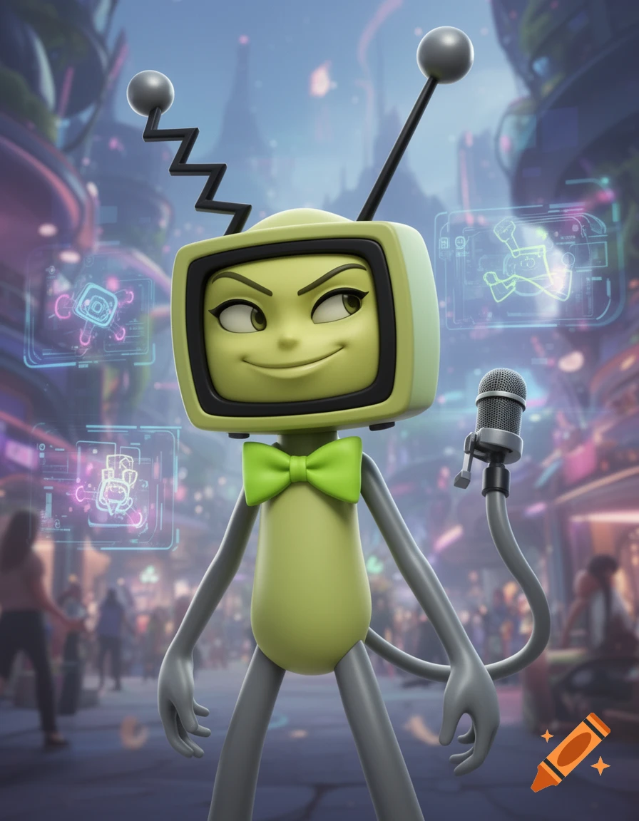 A pistachio-green TV-headed cartoon character with a confident smirk and a lime green bow tie, holding a microphone on its tail, stands in a futuristic city.