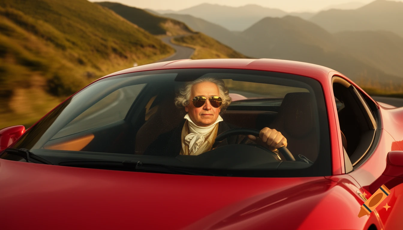 Photorealistic portrait of Johann Wolfgang von Goethe in sunglasses driving a red sports car on a winding mountain road.