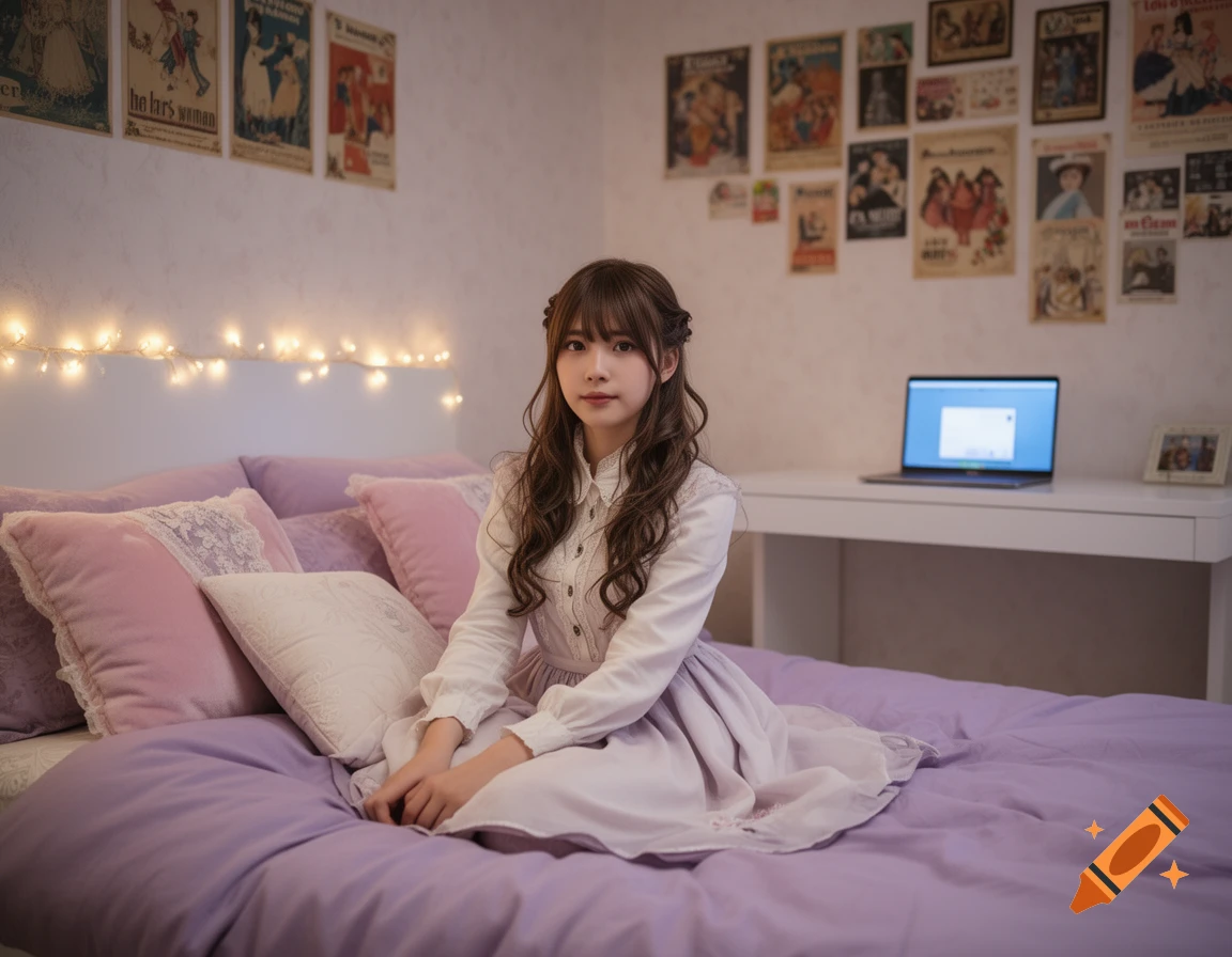 A young woman in a white blouse and light purple skirt sits on a bed with purple bedding and pink pillows, looking at the camera. String lights adorn the wall above the bed, and posters decorate the wall above a white desk with a laptop.