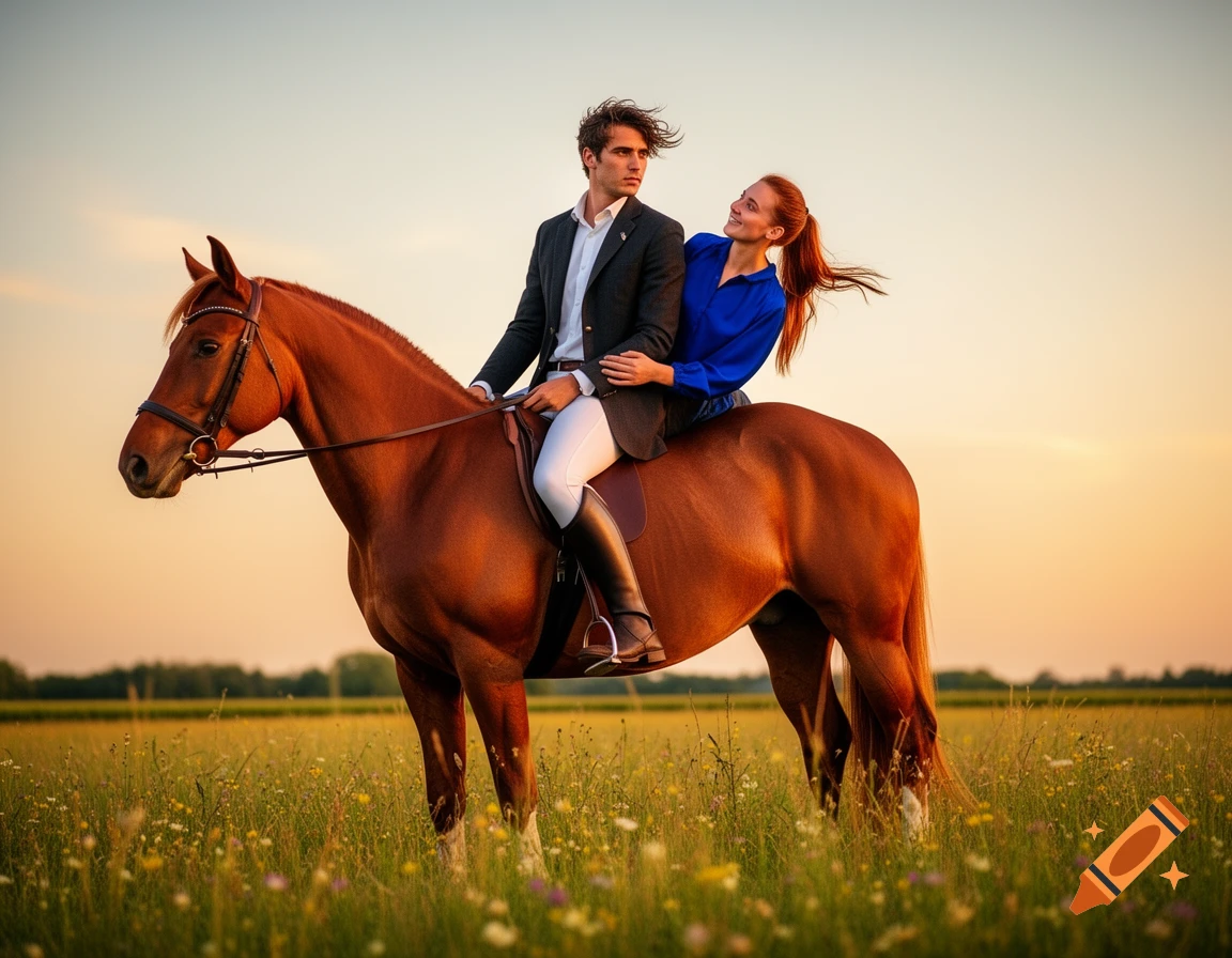 A man and a woman ride a brown horse through a field of wildflowers at sunset, photo-realistic.