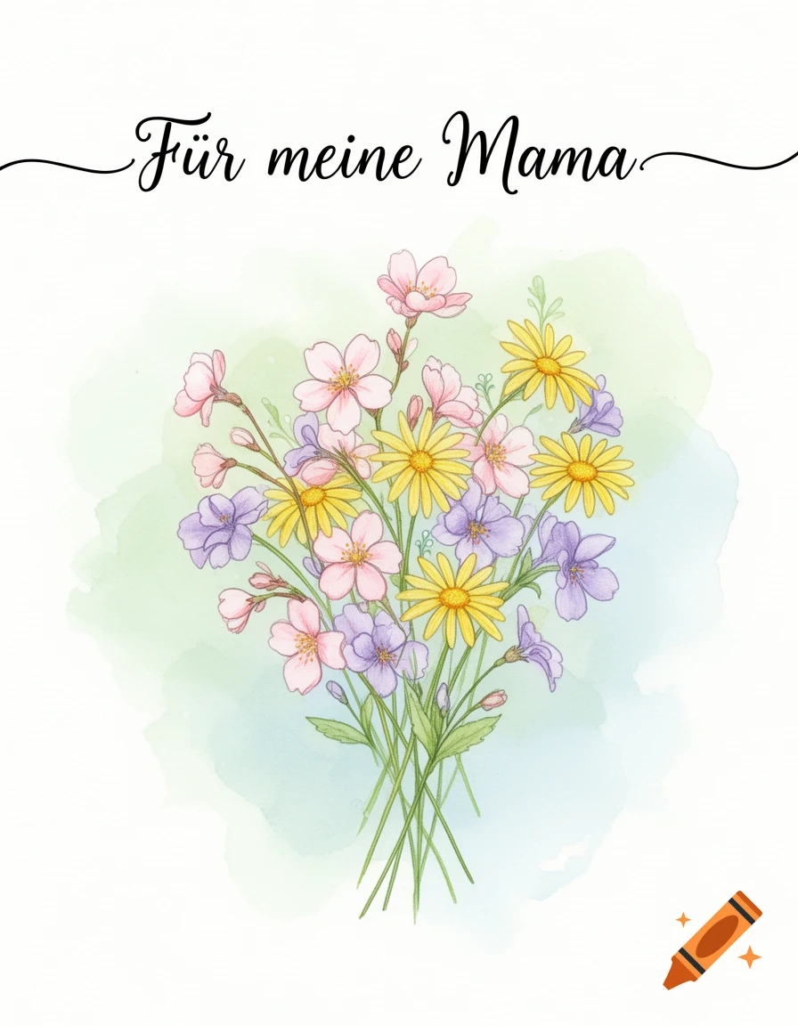 A watercolor bouquet of pink, yellow, and purple flowers, with the German text "F r meine Mama" at the top.