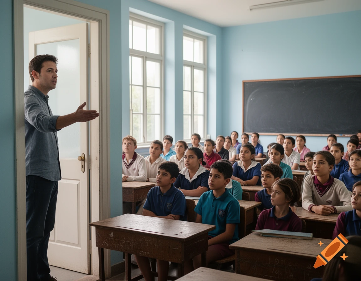 A photorealistic image of a male teacher standing in a doorway, gesturing to a classroom full of students seated at wooden desks, all looking towards him. The classroom has light blue walls, large windows, and an empty blackboard.