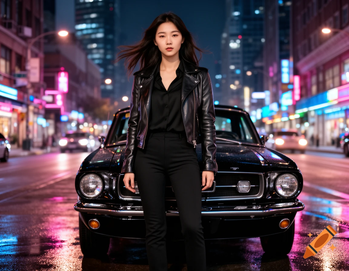 Young woman in a black leather jacket stands in front of a black ...